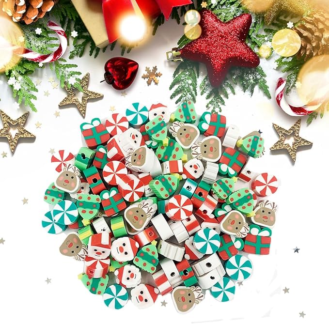 100 Pcs Christmas Handmade Polymer Clay Beads, 10mm Polymer Clay Spacer Beads for Women Jewelry Making DIY Charms Bracelet Necklace Hair Clip Accessories Handmade Craft