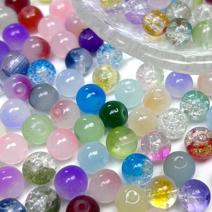300pcs 8mm Glass Beads, Assorted Glass Beads for Jewelry Making, Colorful Round Spacer Crackle Bead Kit for Bracelet Necklace DIY Craft