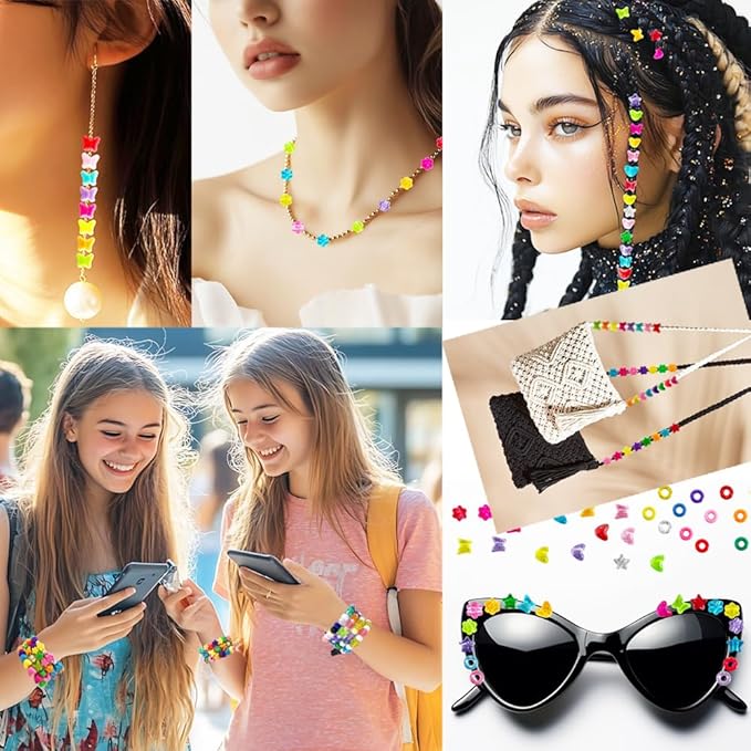 MIIIM 1000Pcs 6x9mm Pony Beads Shapes in 5 Styles 21 Colors, Heart, Star, Butterfly, Flower, Assorted Kandi Beads for Friendship Bracelet, Big Hole Hair Braids Crafts, Jewelry Making (Multi-Glitter)