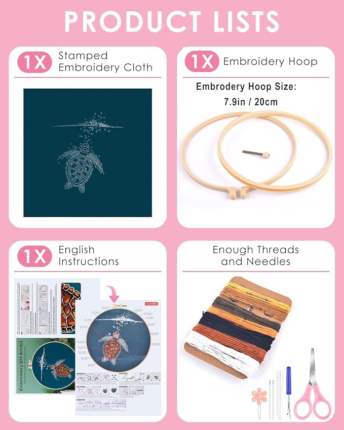 TINDTOP Embroidery Kit for Beginners Adult, Turtle Embroidery Practice Kit for Beginners Include Embroidery Cloth Hoops Threads for Craft Lover Hand Stitch with Embroidery Skill Techniques
