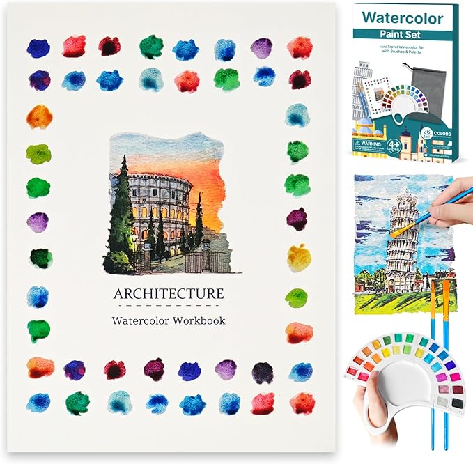 Watercolor Workbook & Water Coloring Book, 13 Pages 300GSM Paper, 26-Color Watercolor Paint Set with Brush & Storage Bag, Beginner-Friendly Coloring Book for Adults — Scenic Architecture Theme