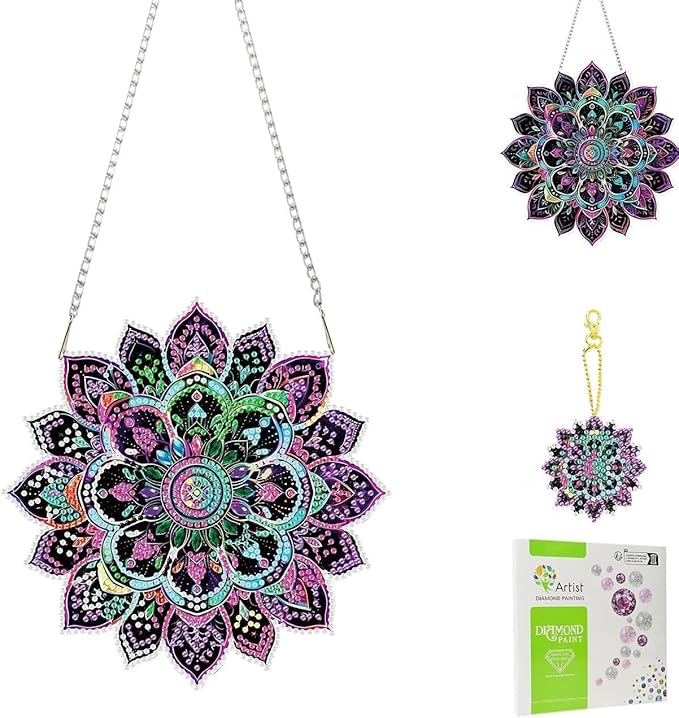 Masendp Mandala Pattern Diamond Painting Hanging Decor Kit, DIY Special-Shaped Rhinestone Window Hanging Kit, Suitable for Home and Garden Wall Decoration Gifts