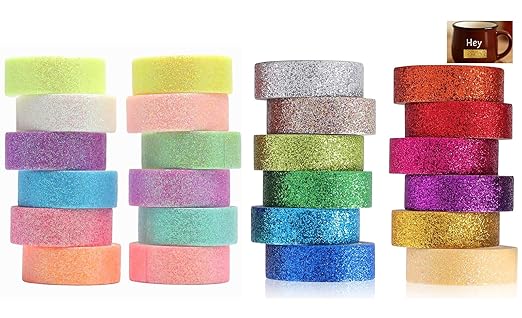 24 Rolls Glitter Washi Tape Set Washi Masking Tape Decorative Adhesive Tapes for Scrapbooking DIY Crafts Crafters Embellished Journals Planners Cards Gift Wrapping Ribbons Wedding(15 mm*2m)