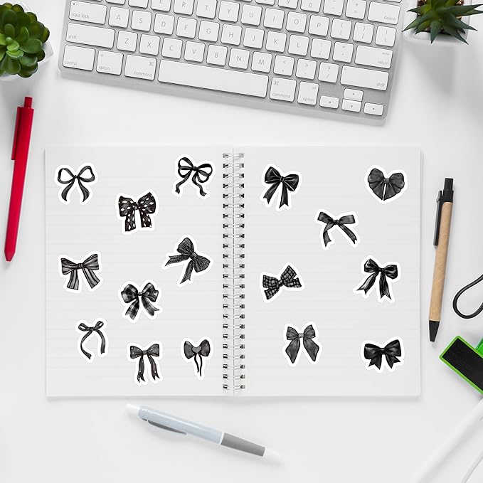 beyumi black bows sticker roll - 1000pcs coquette bow stickers in 2 rolls waterproof vinyl girly aesthetic bowknot decal for gift laptop bottle scrapbooking luggage computer envelope decor for kids