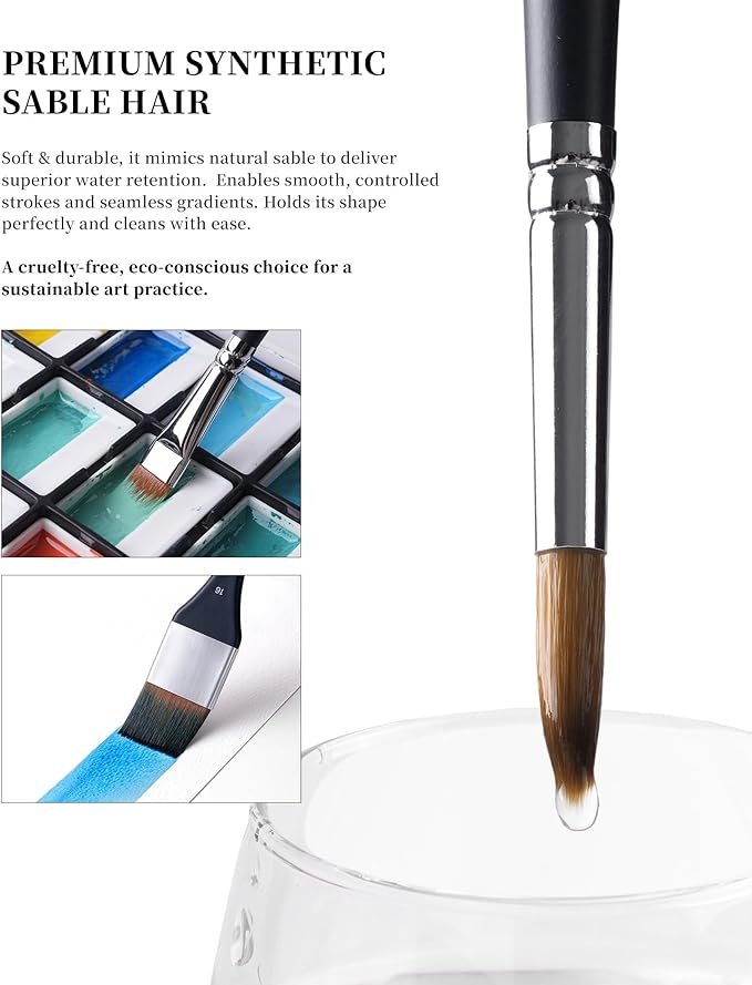 Fuumuui Watercolor Brushes, 10Pcs Professional Watercolor Paint Brush Set, Soft Synthetic Hair - Wide Flat, Dagger, Cat's Tongue, Extended Needle, Round, Grainer for Watercolor Gouache Inks Painting