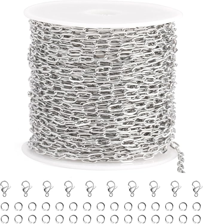 SMYHTGLIF 32.8 Feet Silver Cable Paperclip Jewelry Making Chains Stainless Steel Necklace Bracelet Chain with Lobster Clasps and Open Jump Rings for Jewelry Making