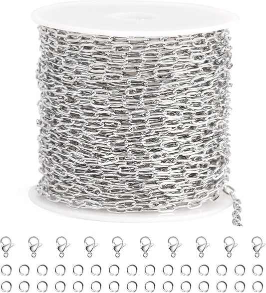 SMYHTGLIF 32.8 Feet Silver Cable Paperclip Jewelry Making Chains Stainless Steel Necklace Bracelet Chain with Lobster Clasps and Open Jump Rings for Jewelry Making