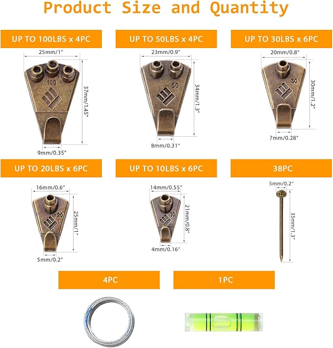 KURUI Bronze Picture Hanging Kit, Heavy Duty Wall Hangers Set with Brass Hooks, Nails, Wire and Mini Level, Assorted Sizes, for Frames, Posters, Art, Canvas, Home Decor, 69 Pcs