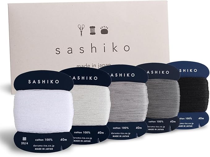 DARUMA Sashiko Thread 100% Cotton Card Type (43.7 yd) x 5 Colors with English Manual, Sewing & Embroidery Value Set with Gift Package(Thin, Yukidoke)