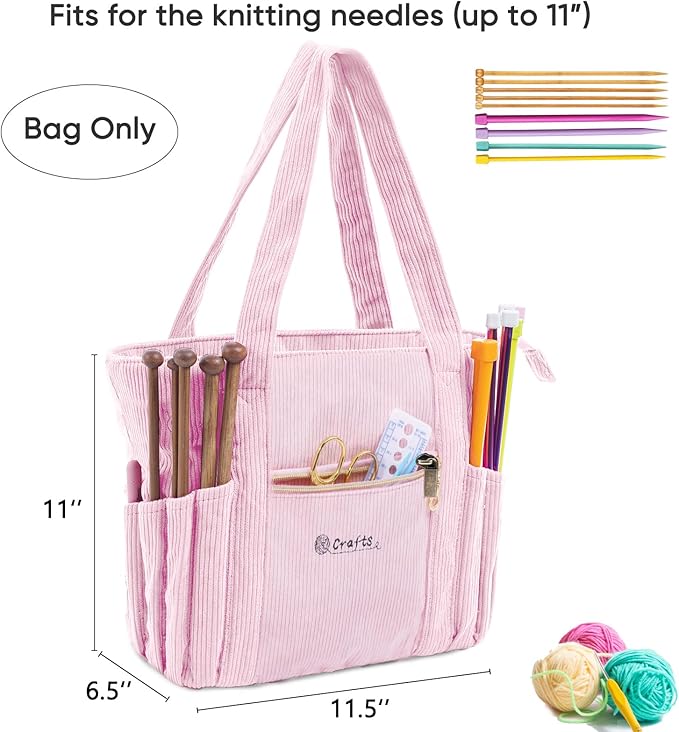 Corduroy Crochet Bag 11.5" Large Yarn Storage Tote with Grommets, Needle Holders – Knitting Bag Organizer for Crochet Hooks, Accessories, Tools & Projects –Gift for Knitters & Crafters