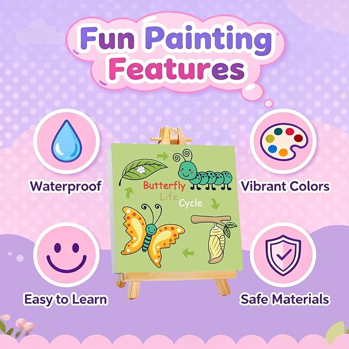 Gemozaic Butterfly Paint by Numbers Kit for Kids with Frame and Easel, Butterfly Life Cycle Framed Kids Paint by Number on Canvas Age 6-8-12 for Gift, Home, Wall Decor, 8x8 Inch