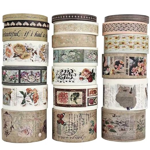 Washi Tape Set, 20 Rolls Time Imprint Theme, Washi Tape for Journaling, Decorative Tape for Scrapbooking, Junk Journal Supplies