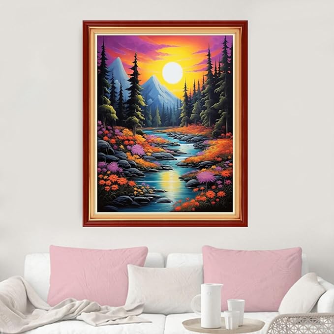 dimxvean cross stitch kit, sunrise scenery 16x20 inch, embroidery kit for adults beginners, hd preprint, extra lines