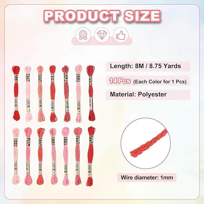 PATIKIL 14 Skeins Embroidery Floss, Polyester Embroidery Threads Bracelets String for Cross-Stitch Hand Embroidery, Multicolored Red Pink