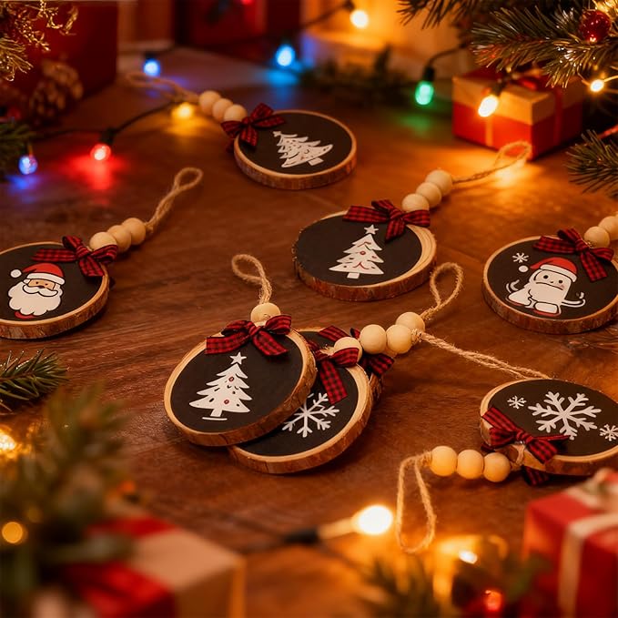 Sawysine 36 Pcs Wooden Christmas Ornament 2.8 to 3.2 Inch Craft Wooden Kit Natural Wood Slices with Round Natural Wood Beads and Buffalo Plaid Bow for Arts and Crafts Christmas Ornaments(Black)