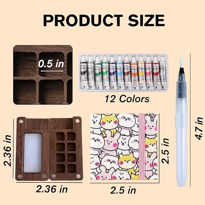 Aimery Mini Watercolor Paint Travel Set, Portable Small Miniature Pocket Water Color Painting Kit with Wooden Palette & Sketchbook(Adorable Animals)