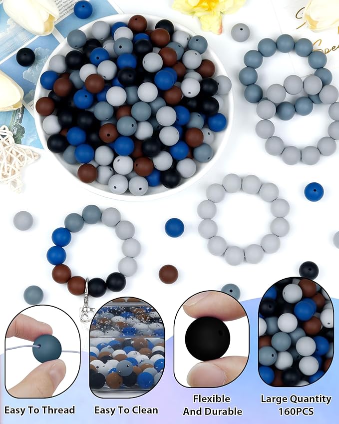 160pcs fiveizero 15mm silicone beads for keychain making - mixed color round rubber beads bulk, diy craft supplies for bracelets necklaces pens(black)