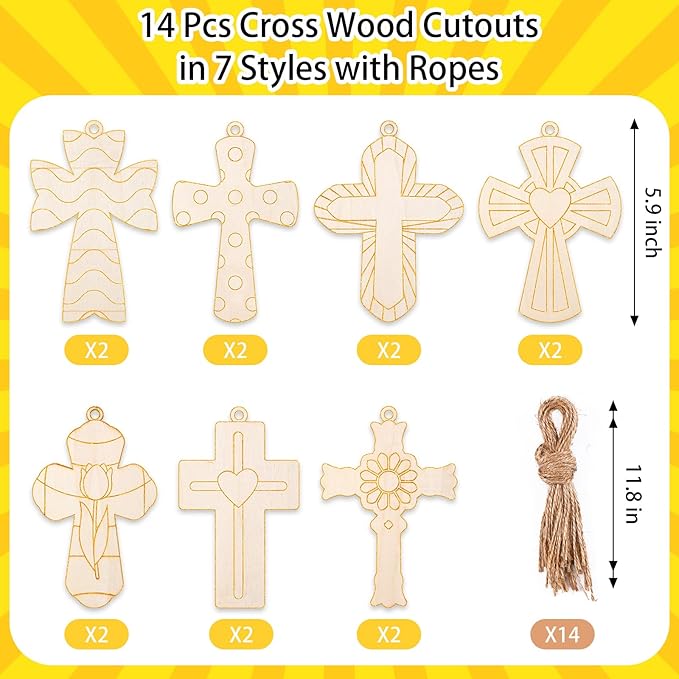 Anglechic 14 Set Spring Religious Craft Kit Christian Cross Painting Crafts DIY Unfinished Wooden Cross Sunday School Hanging Ornaments Blank Coloring Decoration for Home Church Activities
