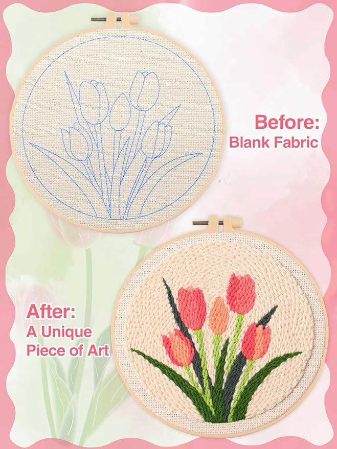 Punch Needle Kit Adults Beginner- Step-by-Step Guide & Video, Including Punch Needle Fabric with Pattern/Hoop/Needle/Yarns, Spring Embroidery Craft Kits, Easy Hobby Gifts for Women, Tulip