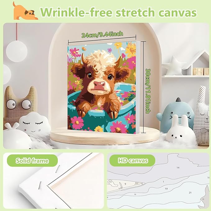 Reivworl Paint by Numbers Kit for Kids - with Frame and Easel, Cow Paint by Number Kids Age 6-8-12 Boys Girls, Paint by Numbers for Gifts and Decor (9.5X12Inch)