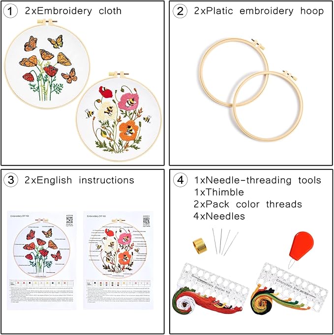 Flowers Embroidery Kits for Beginners Adults, Butterfly Hand Embroidery Starter Kits, Bee Cross Stitch Kits for Beginner Needlepoint DIY Kits for Adult, 2 Set Embroidery Hoops, Thread & Video Tutorial