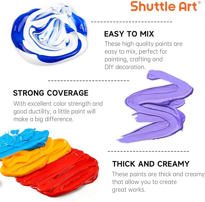 54 Colors Acrylic Paint, Shuttle Art Acrylic Paint set with 12 Paint Brushes, 2oz/60ml Bottles, Rich Pigmented, Water Proof, Premium Paints for Artists, Beginners and Kids on Canvas Rocks Wood Ceramic