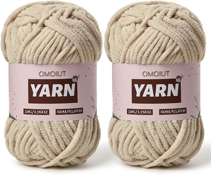 2 Packs Plush Chenille Chunky Crochet Yarn - Baby Yarn for Crocheting Soft - Velvet Yarns Knitting for Blankets Crafts - Fluffy Amigurumi Yarns 100g/131yds (2 Light Khaki)