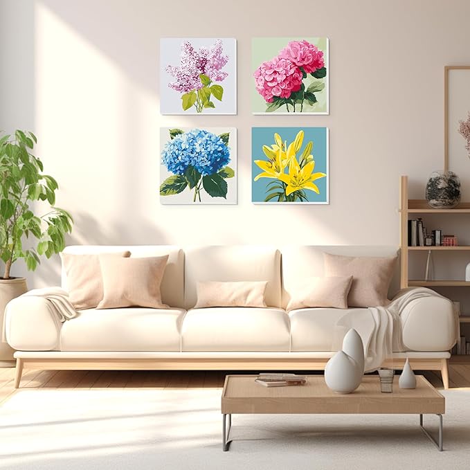 Lxmsja 4 Pack Subtle Flora Paint by Numbers Kit for Adults, Easy Framed Paint by Numbers for Adults Beginner, DIY Acrylic Oil Painting Craft Kits for Home Wall Decor 8x8 inch