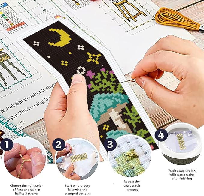 ACRNIGHEET 6PCS Cross Stitch Bookmark Kits Mushroom Pattern Stamped Cross Stitch Kits for Beginners Adults DIY Stamped Embroidery Bookmarks with Instructions Hand Embroidery Craft Gift