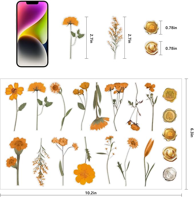 NESSCCI Pressed Flower Themed Stickers (Assorted 480 Pieces,24 Sheets) Scrapbook Supplies,Stickers for Journaling, Dried Floral Resin,Scrapbook Sticker,Junk Journal Sticker