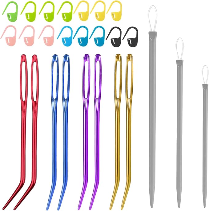 26 Pcs Large Eye Sewing Needles Kit, Yarn Darning Tapestry Needle Set Big Eye Sewing Needles Bent Curved Tip Crochet Needles Stitch Markers Accessories for Weaving Quilting Beading Project Supplies