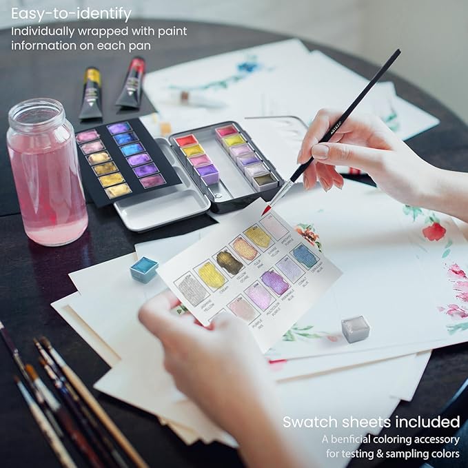 ARTEZA Metallic Watercolor Paint Set – 12 Iridescent Half Pans, Compact Travel Palette with Brush for Painting, Journaling & Mixed Media