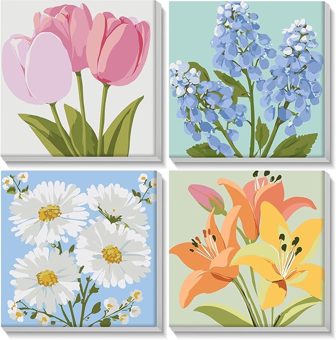 Lxmsja 4 Pack Gentle Garden Paint by Numbers Kit for Adults, Easy Framed Paint by Numbers for Adults Beginner, DIY Acrylic Oil Painting Craft Kits for Home Wall Decor 8x8 inch