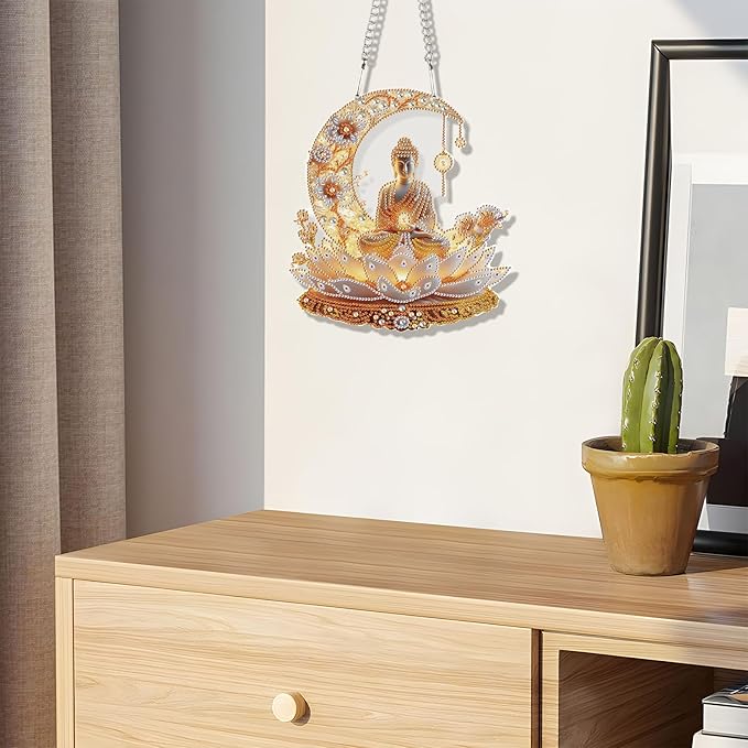 JZHYOAN DIY Hanging Diamond Craft Pendants Buddha Diamond Painting Art Hanging Kit Wind Chimes with Diamonds Art Window Pendants Craft for Adult Acrylic Pendant Ornaments Kits Crystal Arts Pendant