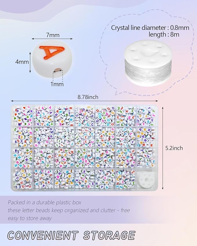 Amaney 1400pcs Colorful Letter Beads 4x7mm Alphabet A-Z Heart White Flat Round Acrylic Beads and Crystal Line for Jewelry Making Bracelets Necklaces Key Chains (Colorful Heart)
