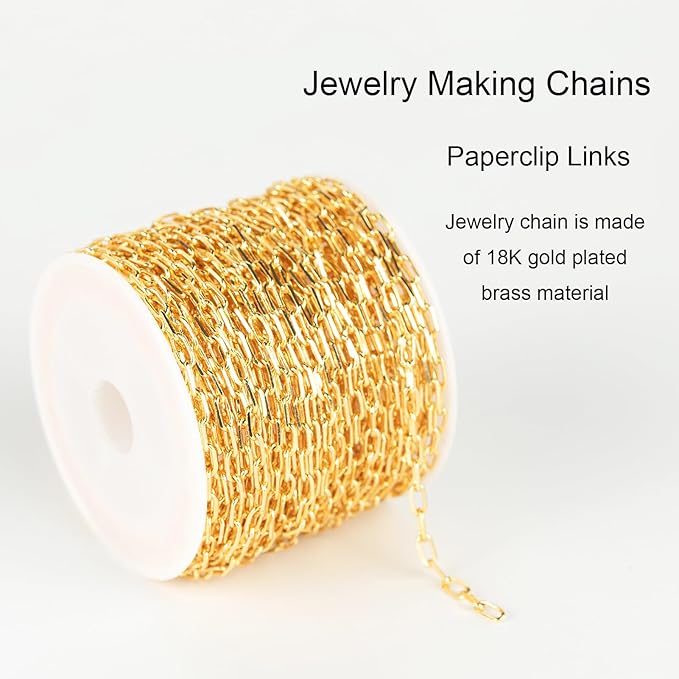 Jabogrii 10 Meters Gold Soldered Jewelry Making Chains Paperclip Brass Chain Bulk Necklace Bracelet DIY Craft Chain for Jewelry Making