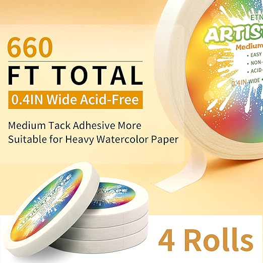 4 Packs White Art Tape Medium Tack Artist Masking Tape Paper Acid Free Tape Watercolor Painters Tape Artists Tape for Drafting Art Watercolor Painting Canvas Framing, 0.4 inch Wide 660FT Long