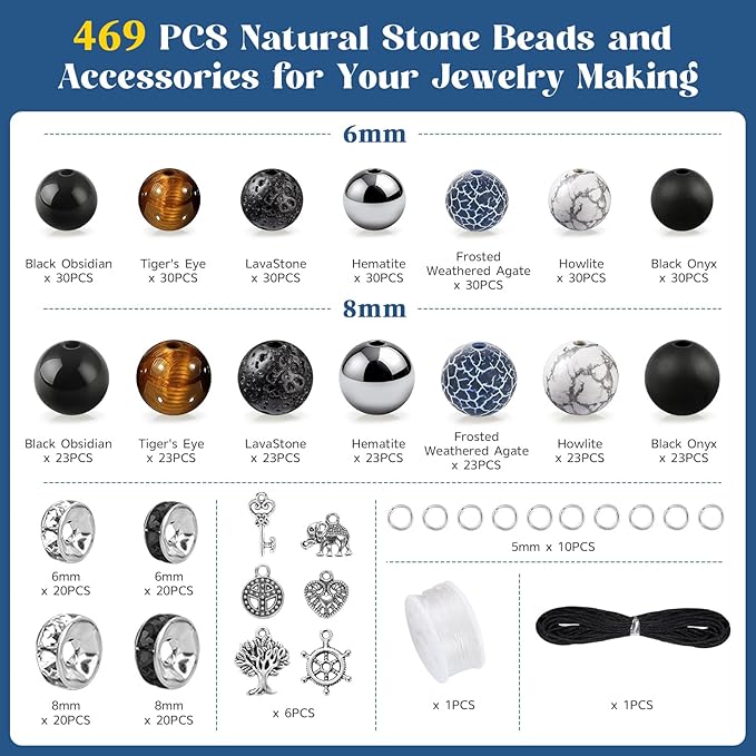 Zefy 467 Pcs 6/8mm Natural Stone Beads, Round Crystals Bead Genuine Real Stones, Gemstone Beads Kit with Spacer Bead Charms for Bracelets Jewelry Making (14 Colors)