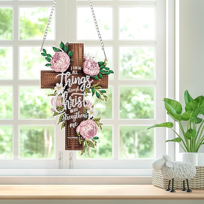 Bowetile Cross Diamond Art Hanging Kits for Adults, Diamond Art Suncatchers Easter, 5D Special Shape Diamond Painting Pendant Window Ornament Easter Gifts for Home Wall Garden Decor