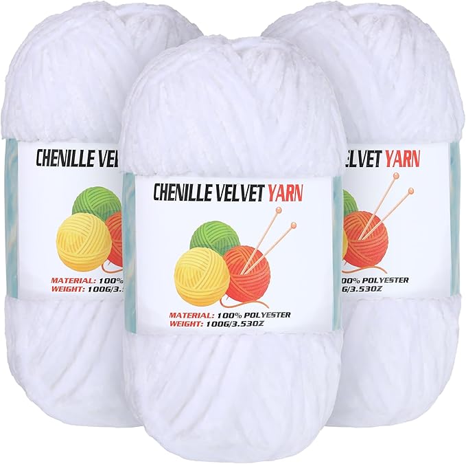 3 * 100g Velvet Chenille Chunky Yarn for Crocheting, Handcrafts Weaving Soft Chenille Yarn for Crocheting Clearance, Used for Making Baby Yarns Blanket, Clothes, Knitting Creations (White)