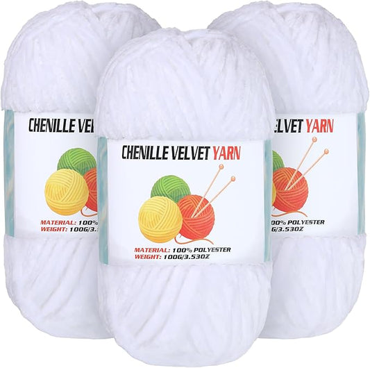 3 * 100g Velvet Chenille Chunky Yarn for Crocheting, Handcrafts Weaving Soft Chenille Yarn for Crocheting Clearance, Used for Making Baby Yarns Blanket, Clothes, Knitting Creations (White)