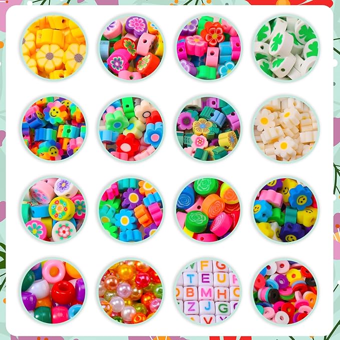 JMUQ 710 Pcs Flower Charms for Jewelry Making Kit, Cute Fun Flower Heishi Pony Letter Pearl Beads