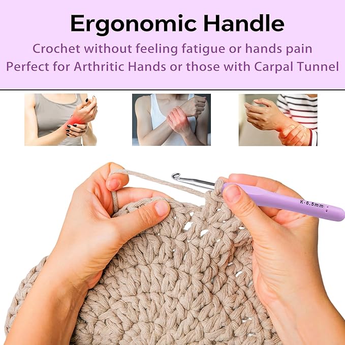 6.5mm Crochet Hook, Ergonomic Crochet Hooks with Soft Rubber Handle and Smooth Glide Head - Lightweight Aluminum Needles for Beginners, Arthritis, Yarn Projects, Long Crafting Sessions (6.5 mm)