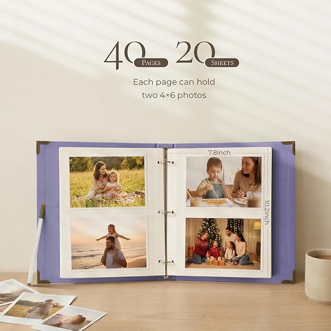 Vienrose Photo Album Self Adhesive 40 Pages Hardcover DIY 3 Ring Scrapbook Photo Albums for Kids Wedding Baby Family Purple