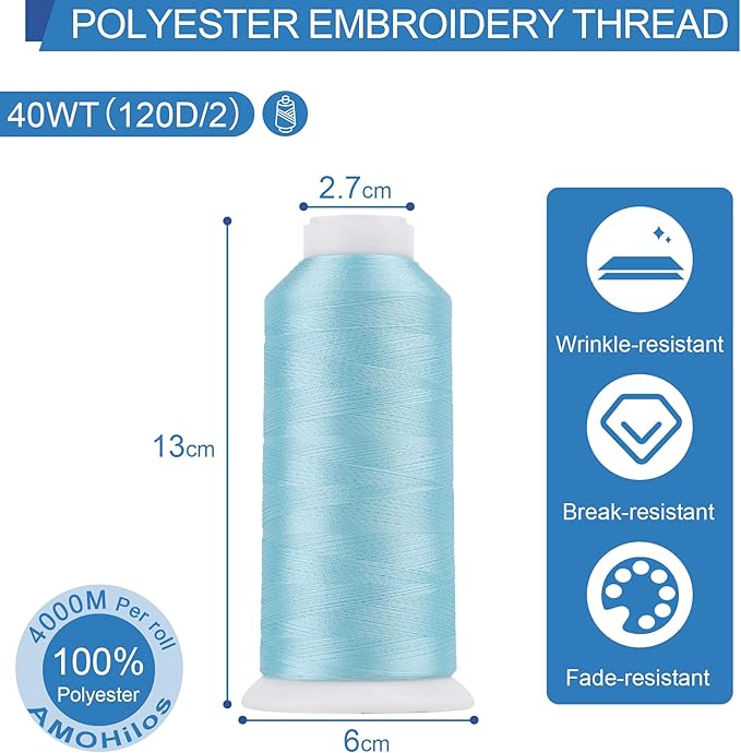 High Tenacity Polyester Embroidery Machine Thread 40WT(120D/2) 4000M Per Spool for Commercial and Domestic Embroidery Machine (Light Denim-1674)