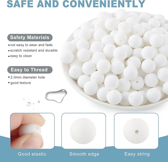 150Pcs 15mm Silicone Beads for Keychain Making Bracelet Necklace, Bulk Round Silicone Beads for Pens（White）