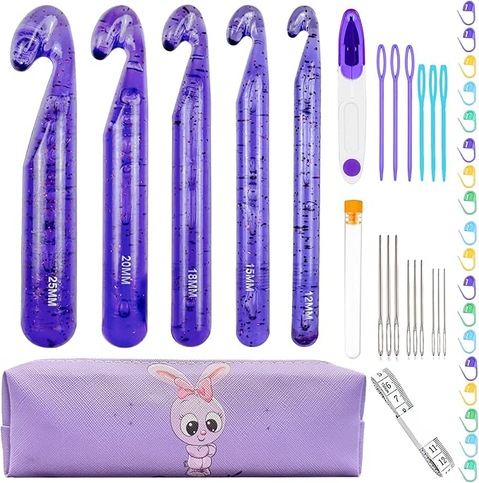43 Pcs Large Crochet Hooks Set,12mm 15mm 18mm 20mm 25mm Large Crochet Hooks for Chunky Yarn,Plastic Crystal Smooth Big Crochet Needles for Handmade DIY Crochet with Storage Bag