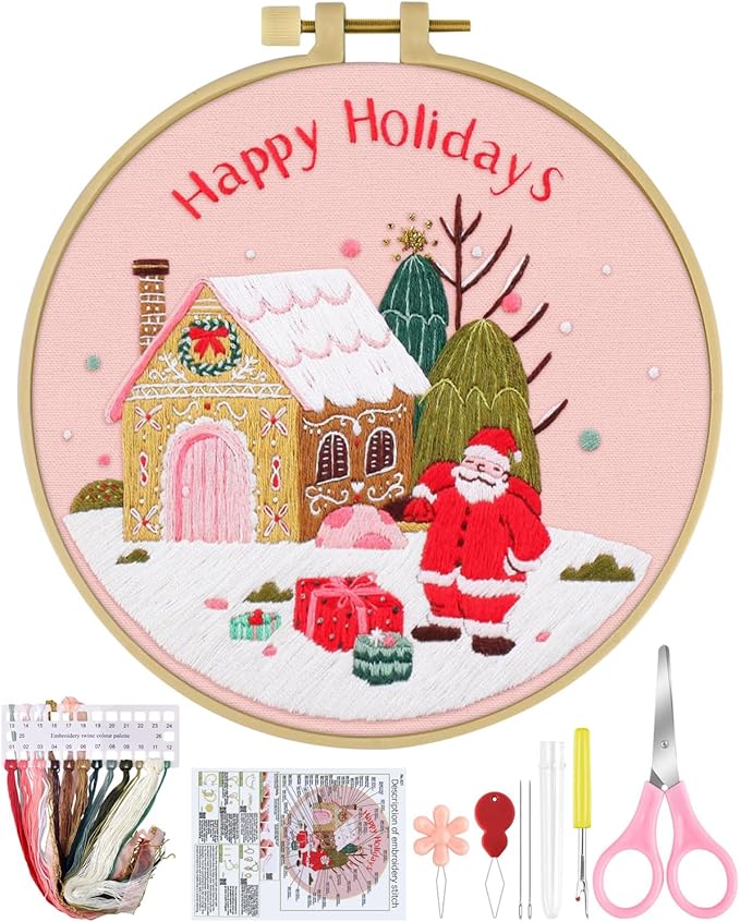 ERKOON Christmas Embroidery Kit for Beginners, Cross Stitch Set for Include Embroidery Cloth Hoops Threads for Craft Lover Hand Stitch with Embroidery Skill Techniques (Santa Claus)