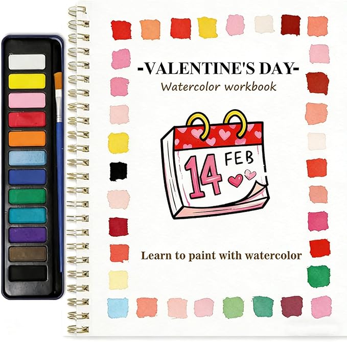 Watercolor Workbook for Adults, watercolor paint set, water colors paint adult set,Beginner Watercolor Workbook Kit, Multi Theme with 12-Color Palette & 1 Brushes Valentine’s Day Gifts for Kids