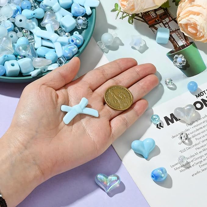 Assorted Acrylic Beads for Bracelet Making Kit, 150g Blue Cute Beads for Keychain Making, Kandi Charms, Kawaii Jewelry Making, DIY Crafts